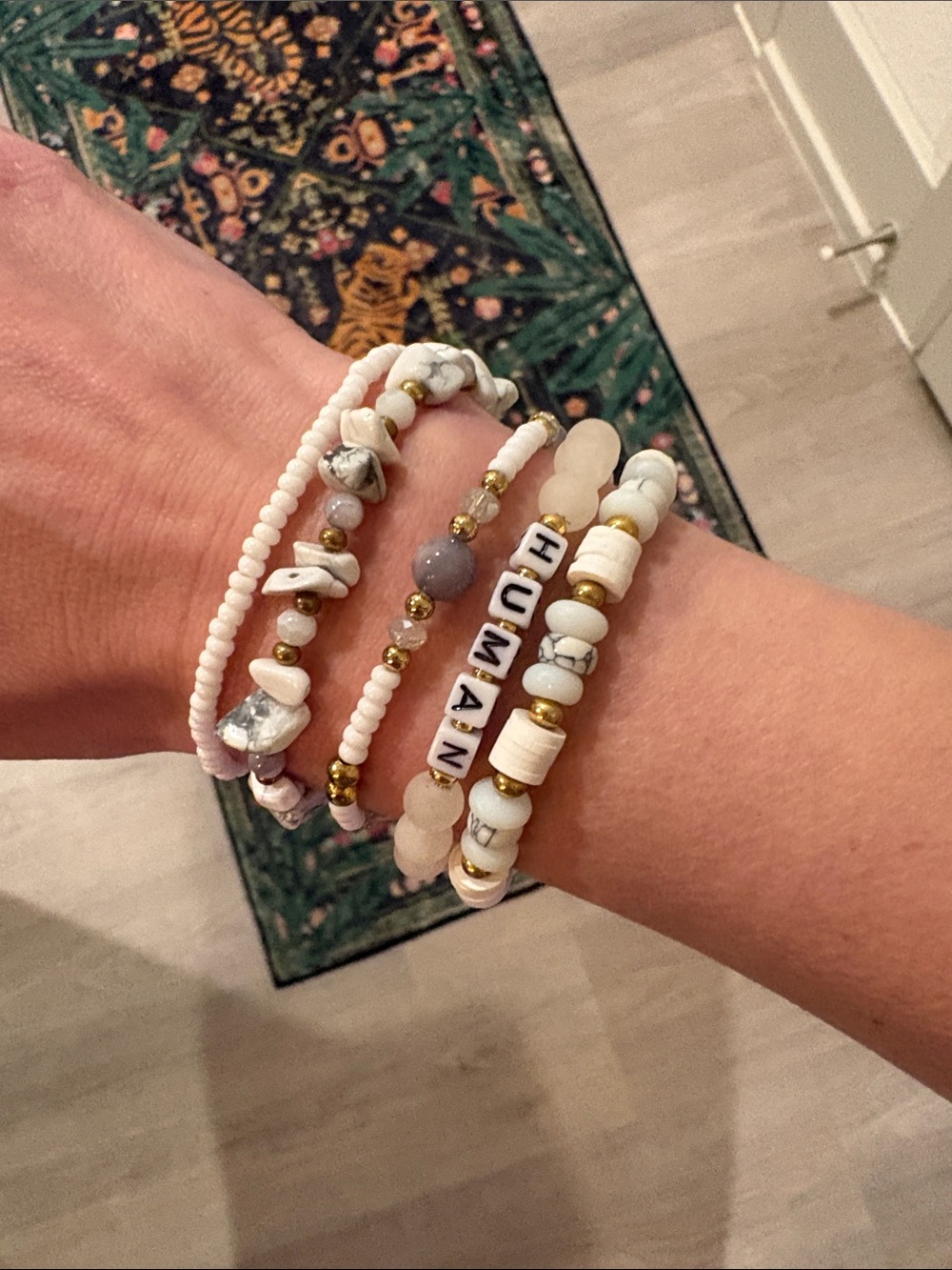 5-Piece Stacked Handcrafted White Beaded Howlite 'HUMAN' Bracelet Set